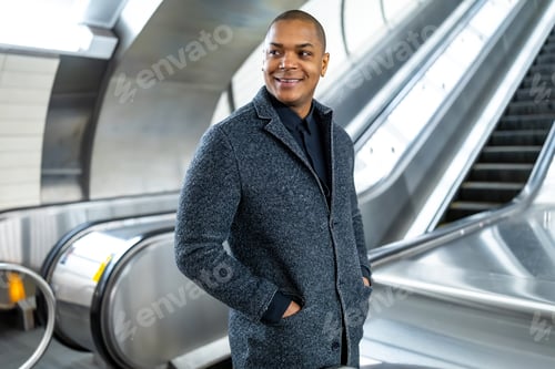 Preview: Professional man smiling on subway escalator in new york