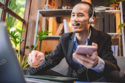 Preview: businessman person working online business with laptop video conference communication call meeting