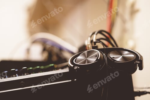 Preview: Studio Headphones and Audio Mixer Equipment Closeup