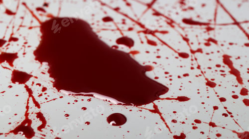 Preview: Stain and splashes of blood on light grey background, closeup