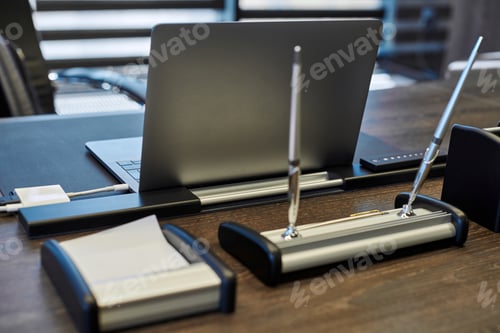 Preview: Laptop in office workplace. Business work place for chief, boss or other employees