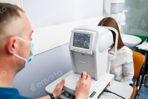 Preview: An optometrist at his clinic studies vision. Ophthalmology, medical diagnostics.