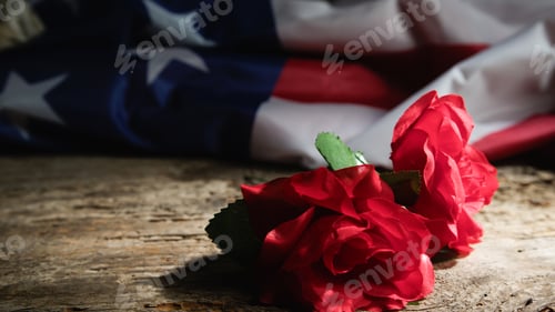 Preview: Rose and American Flag on Wood Surface