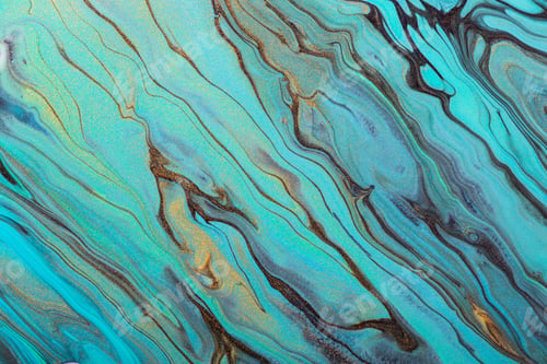 Preview: Diagonal mint green waves and gold particles. Fluid Art. Abstract marble background or texture