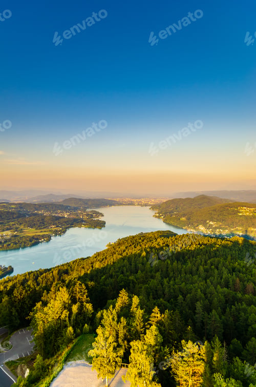 Preview: Panorama Lake and mountains at Worthersee Karnten Austria tourist spot