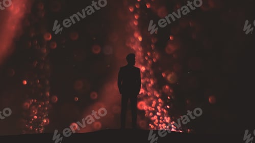 Preview: The man in suit standing on a falling shimmering particles background.