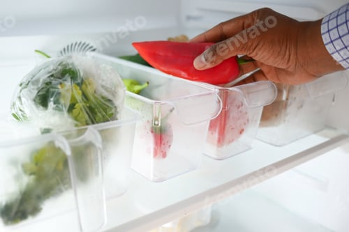 Preview: plastic containers with different fruits in a open fridge.