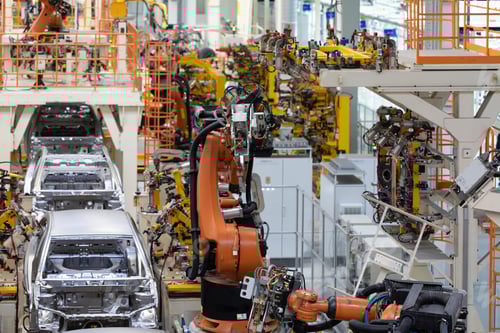 Preview: body of car on conveyor Modern Assembly of cars at plant. automated build process of car body