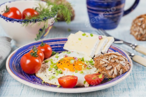 Preview: Coffee Cup, One Egg, Cheese and Cherry Tomatoes for Healthy Breakfast