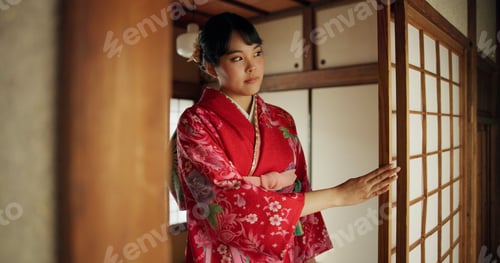 Preview: Japanese, woman and kimono in corridor for tradition, tea ceremony and hallway of Chashitsu room or
