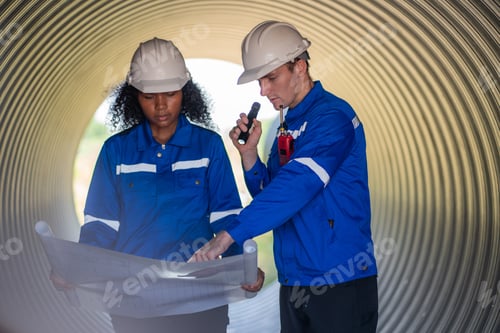 Preview: Engineer holding blueprint drawing to checking and inspection pipeline system.