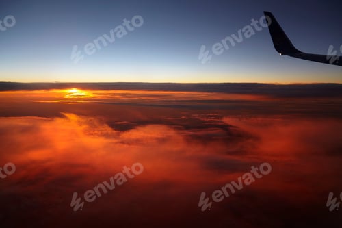 Preview: Aerial view of red sky at sunset, Fuerteventura, Spain
