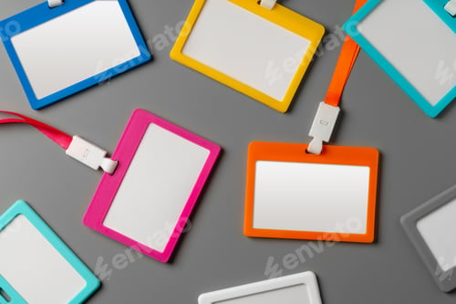 Preview: Colored blank nametags on strings on gray background