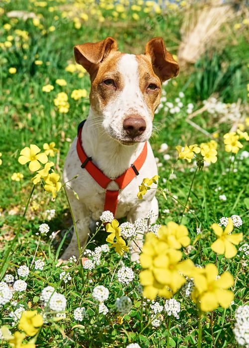 Preview: Portrait of Jack russell terrier looking at camera in spring meadow with white and yellow flowers.