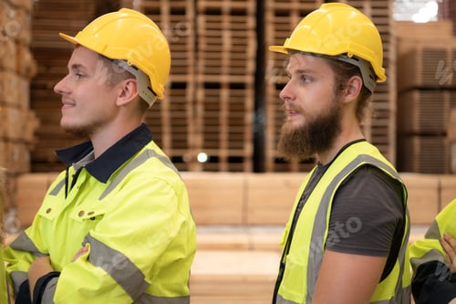 Preview: Group of workers in a large timber factory,