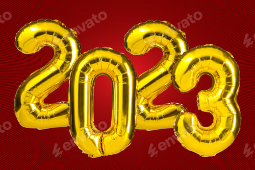 Preview: New Year 2023 celebration. Golden Yellow foil color balloons. 2023 balloons. On red background