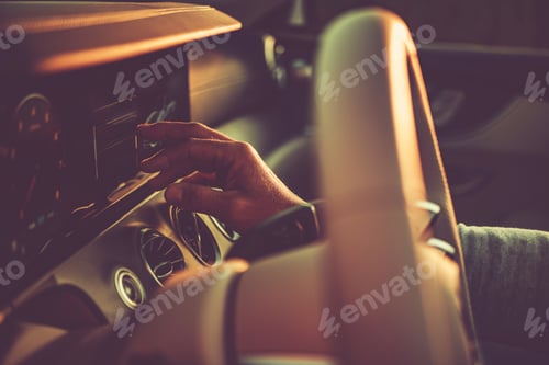 Preview: Caucasian Driver Setting Up Modern Car Infotainment Close Up Photo