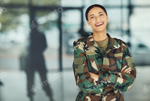 Preview: Portrait of woman soldier with smile, confidence or pride, outside army mockup with arms crossed. P