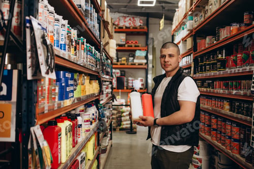Preview: Caucasian consultant in uniform at hardware store. Male standing next to shelves with tools at store