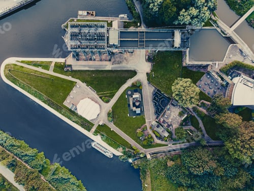 Preview: Aerial view of Anderton boat lift surrounded by growing trees and water