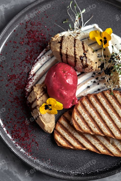 Preview: Duck paste with ice cream and grilled white bread croutons. Close-up, low key, gray background.