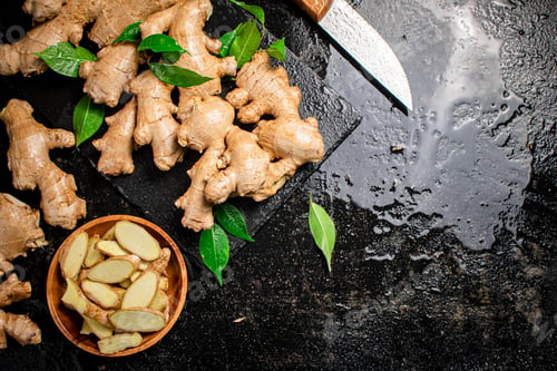 Preview: Pieces and whole ginger on a stone board with foliage.