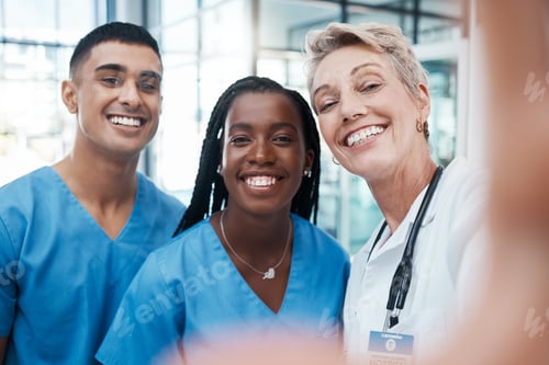 Preview: Hospital, doctor and selfie of medical, nurse and doctors team with a happy smile about health care