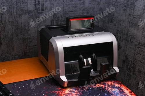 Preview: Modern cash counting machine on table