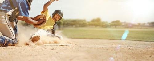 Preview: Banner, running and man playing baseball for fitness, training and competition in a park in USA. Ru