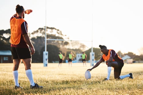 Preview: Rugby, focus and sport game with support, exercise and competition with athlete ball training. Fiel