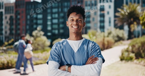 Preview: Man, outdoor and portrait as medical student for learning, career and education in clinic. Male per