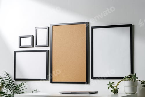Preview: Set of black frames on white wall with copy space