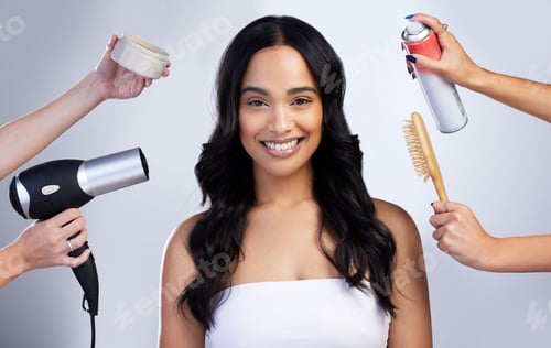 Preview: Smiling Woman Surrounded by Beauty Styling Tools