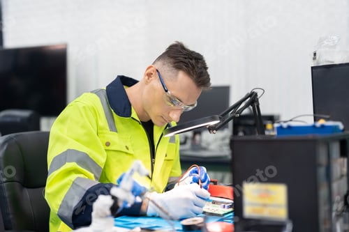 Preview: Male electrical engineer using digital multimeter checking voltage on microchip board of robot arm