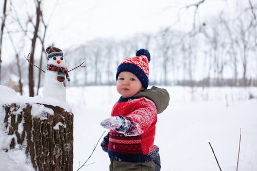 Preview: Child Playing in Snow near a Snowman