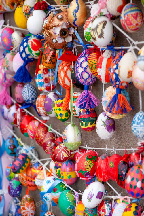 Preview: Pile of birght and colorful Easter eggs background.Spring holiday Decorated Easter egg