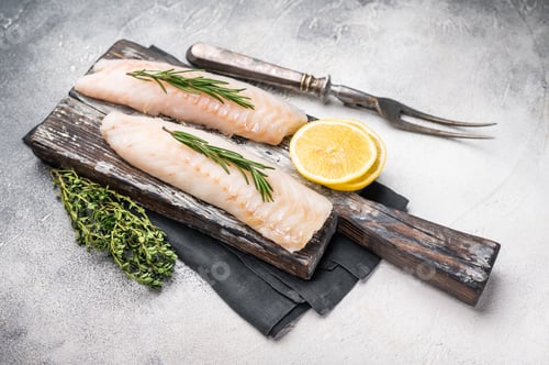 Preview: Raw cod Loin, white fish fillets without skin on wooden board. white background. top view