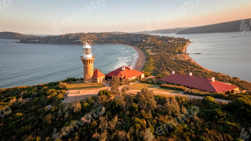 Preview: Aerial view of the Barranjoey lighthouse in Sydney, Australia during sunset