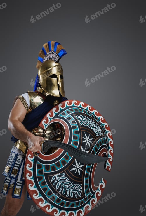 Preview: Ancient greek swordsman with shield and plumed helmet