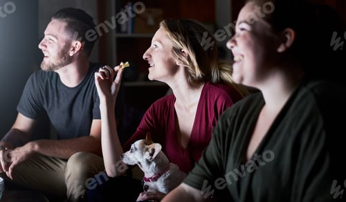 Preview: Happy Friends Watching TV With Dog At Home