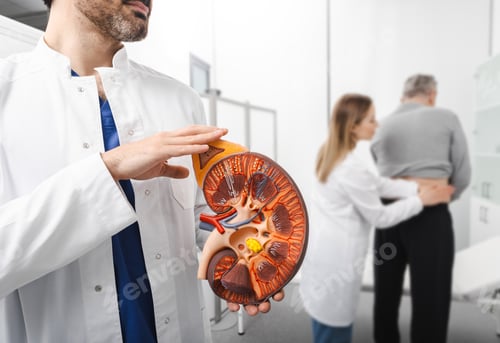 Preview: Urology and treatment of kidney disease. Anatomical model of human kidney in hands of doctor