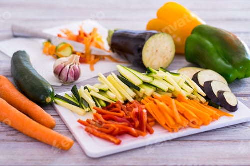 Preview: Fresh vegetables on a wooden table with a mix of sliced carrots, zucchini, eggplant and peppers