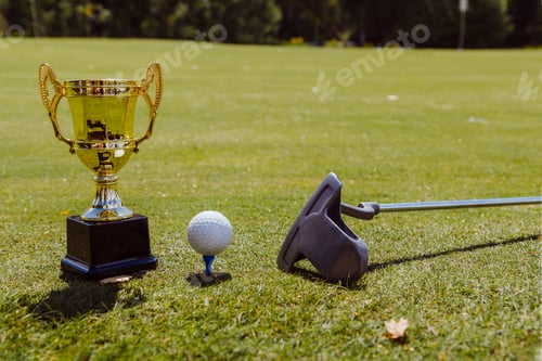 Preview: closeup golf club and golf ball on green grass