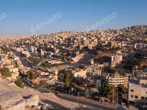 Preview: Old city of Amman, downtown with many apartment buildings and Roman theater. Capital of Jordan.