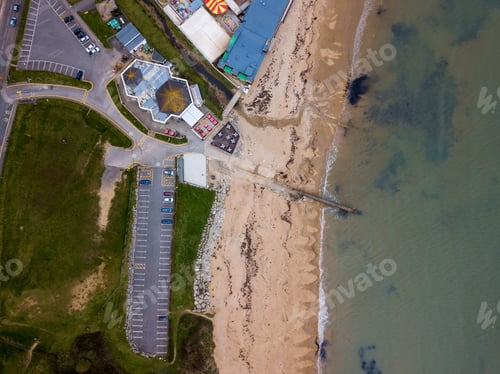 Preview: Aerial shot of industrial buildings near the sea in Bowleaze Cove, Weymouth, Dorset