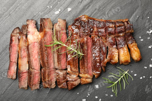 Preview: Pieces of delicious grilled beef steak with rosemary and salt on grey textured table, flat lay