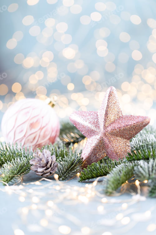 Preview: Christmas spruce with star and blurred shiny lights.