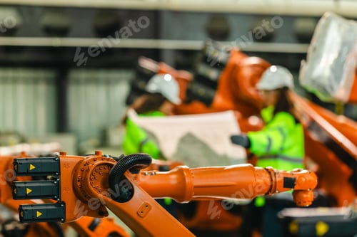 Preview: Engineer Reviewing Blueprint in Robotic Facility