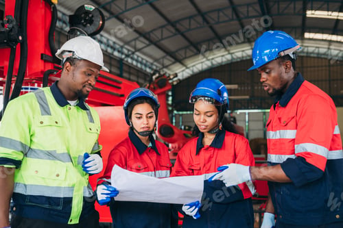 Preview: Engineers and foreman inspecting and meeting about the automated arms machine welding robots.