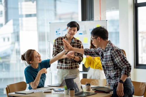 Preview: Group of young Asian businessmen business people creative office colleagues happy to succeed in part